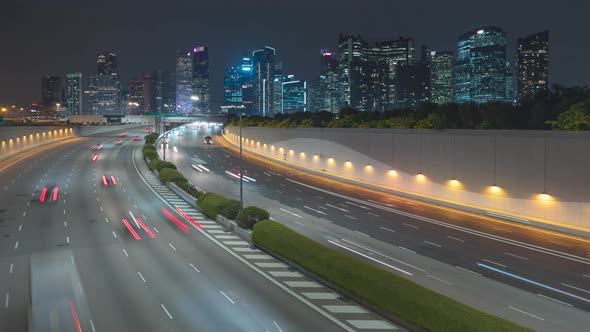 Traffic view with background Singapore landmark financial business district with skyscraper,