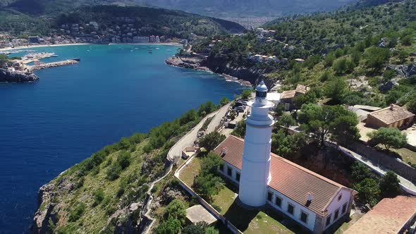 Aerial View of Cap Gros Lighthouse Located on a Cliff in the Vicinity of Port Soller, Mallorca