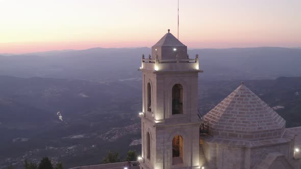 Senhora da Graca church drone aerial view in Mondim de Basto landscape at sunset, in Portugal