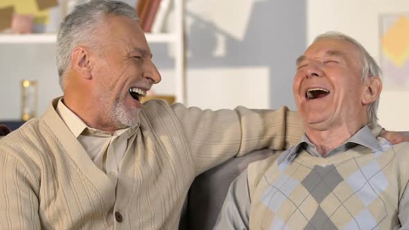 Happy Healthy Aged Men Talking Laughing Closeup, Positive Pensioners, Good Mood