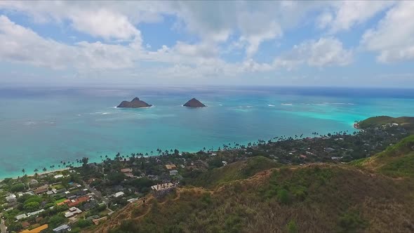 Aerial view of Lanikai pillbox overlooking Mokulua and Moku Iki islets