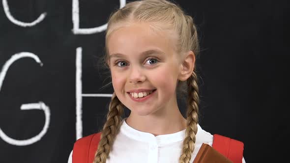 Little Schoolgirl Smiling at Camera, Alphabet Written on Blackboard, Education