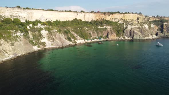 Aerial Panoramic View of Seascape with Crystal Clear Azure Sea and Rocky Shores