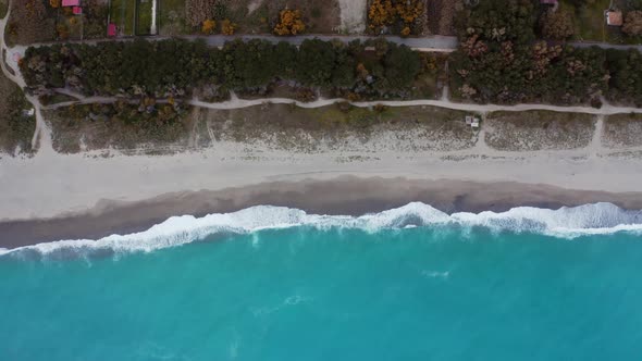 Vertical of Beach and Stormy Ocean with Pine Forest