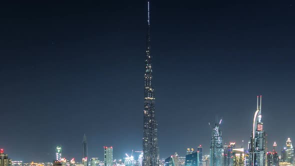 Dubai Downtown at Night Timelapse View From the Top in Dubai United Arab Emirates