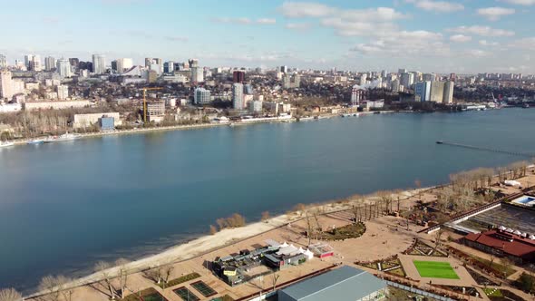 a Large River on the Background of the City is an Aerial View