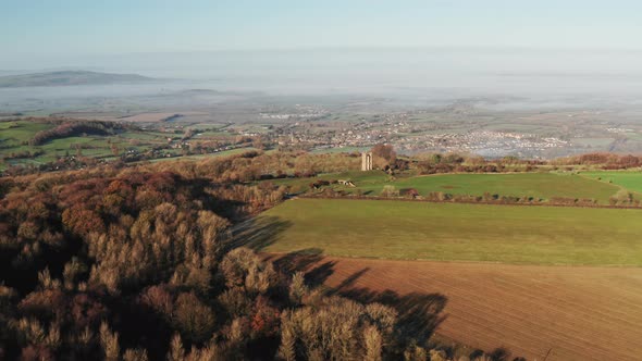 Aerial drone video of Broadway Tower, a famous iconic tourist attraction in The Cotswolds Hills, ico