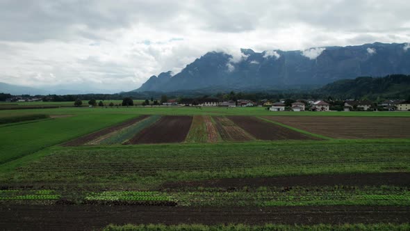 Aerial View of Green Agricultural Fields in Austria Near the Mountains in Clouds