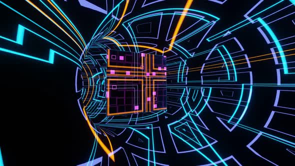 Vj Loop Animation Of A Glowing Cube Flying Through An Endless Sci Fi Tunnel 02