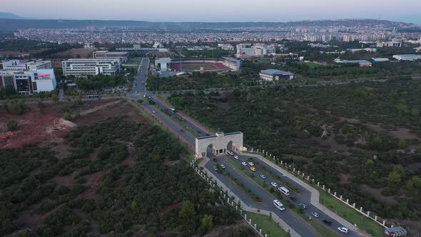 Aerial Drone View of Modern City Buildings and Highway