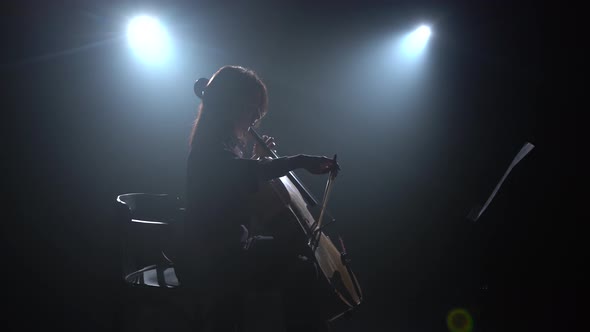 Cellist Performs on Stage with a Lantern. Silhouette. Black Smoke Background