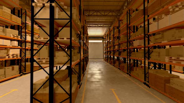 Walk through the warehouse interior with infinite packages amount. Loopable. HD