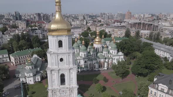 Kyiv. Ukraine: Saint Sophia's Cathedral in Kyiv. Aerial View, Slow Motion, Flat, Gray