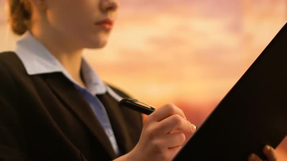 Young Business Woman Checking Annual Report, Company Development Strategy