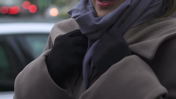 Beautiful Woman in Coat and Scarf Feeling Cold Outside, Trend and Stylish Outfit