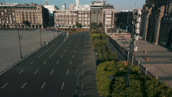 Landing view of Mexico city zocalo in morning with empty streets
