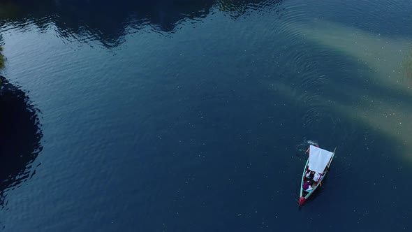 AERIAL: Lago De Camecuaro, Boat, Tangancicuaro, Mexico (Steady Down)