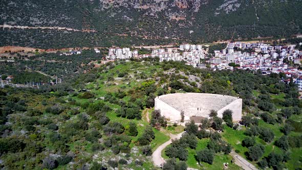 The top view from the drone of Kas resorts, bay, yahts, city in Mugla in Turkey