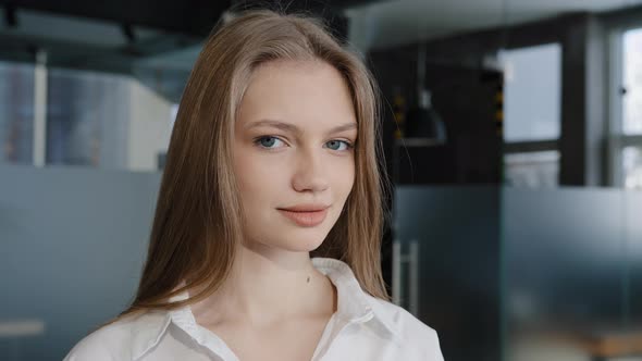 Portrait Young Pretty Caucasian Confident Happy Woman Budding Manager Standing in Office Turning