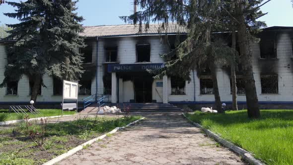 War in Ukraine  the Destroyed and Burned Building of the Police Station in Borodyanka Kyiv Region