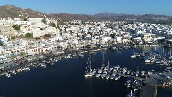 Port of Chora on the island of Naxos in the Cyclades in Greece aerial view