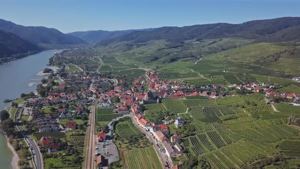 Aerial of Weisenkirchen, Wachau Valley, Austria.