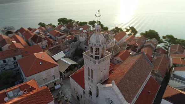 Aerial view of Croatian city Korcula in the morning during sunset.
