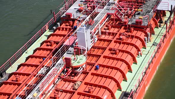 orange deck of large crude oil tanker