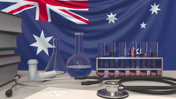 Clinic Laboratory Equipment on Australian Flag Background alt