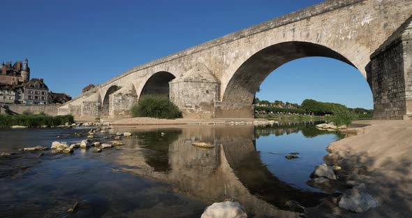 Gien, Loiret department, France. Low water level in the Loire river during a dryness season.