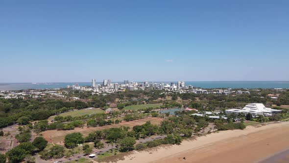 Slow Moving Aerial drone shot of Mindil Beach Casino and Darwin Skyline, Northern Territory