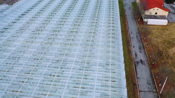 Flying over a glass greenhouse with vegetables