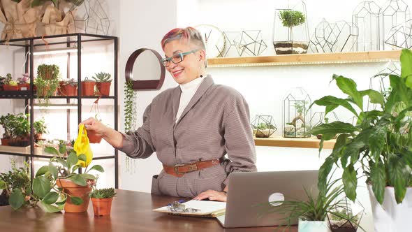 Careful Senior Business Woman Watering Plants in Pot in Her Office