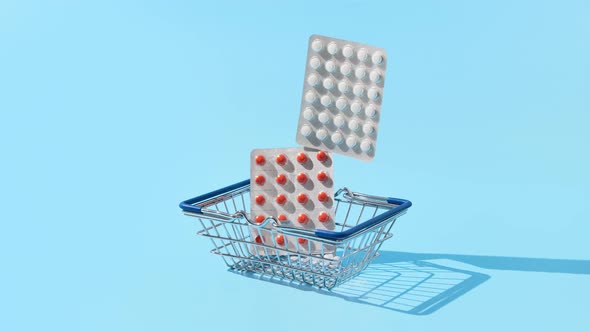 Stop Motion Animation with Different Medicine Pills Fall Into the Shopping Cart