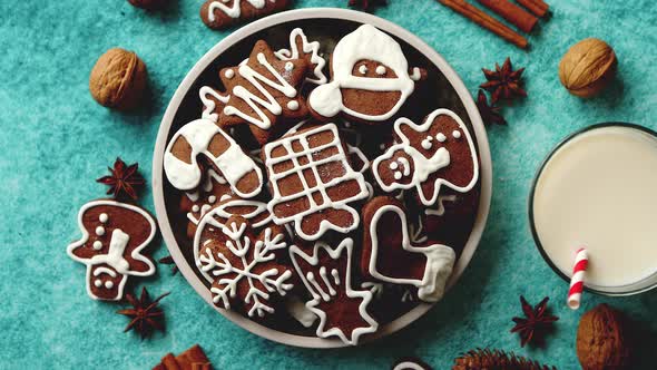 Sweet Christmas Composition. Assortment of Gingerbread Cookies on a Plate