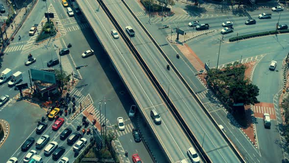 Busy highway road junction in metropolis city center