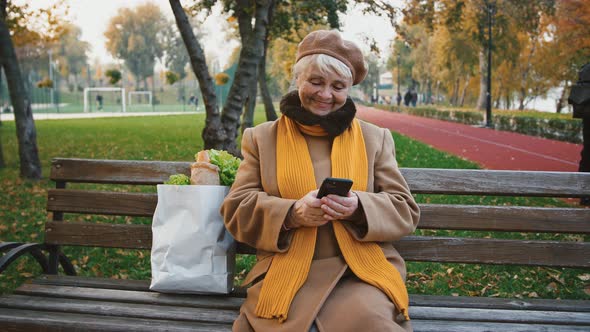 Elderly Female Typing Message on Cellphone Sitting on Bench in Autumn Park Paper Bag of Groceries is