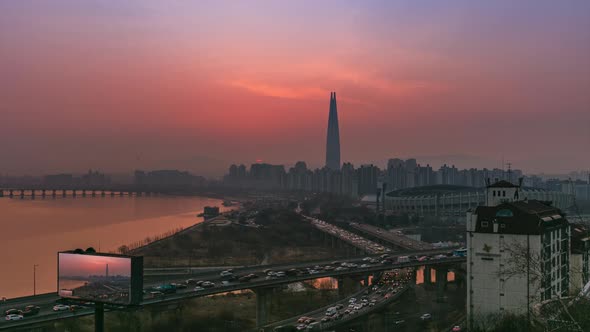 Sunrise of Seoul City Skyline and Han river  in Seoul  South Korea 