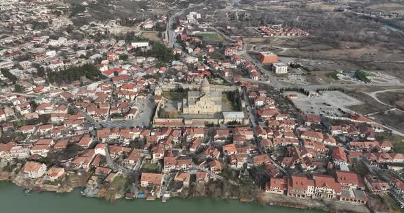 Aerial view of Orthodox Svetitskhoveli Cathedral in Mtskheta, Georgia