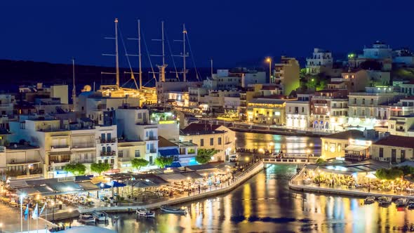 The Lake Voulismeni and Agios Nikolaos Town at Night on the Island Crete, Greece