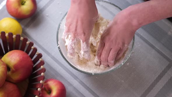 Apple Pie Preparation Series  Kneading and Mixing Flour in a Glass Bowl in Slow Motion