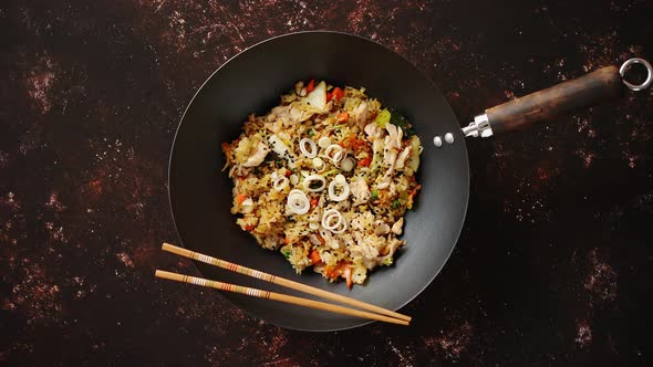 Delicious Fried Rice with Chicken in Wok