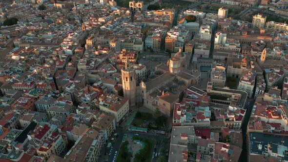 Aerial View. Valencia, Spain Panning Around the Miguelet Bell Tower and Cathedral.