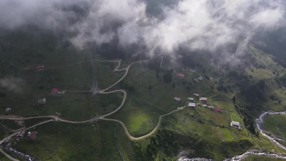 A mountain village in the fog