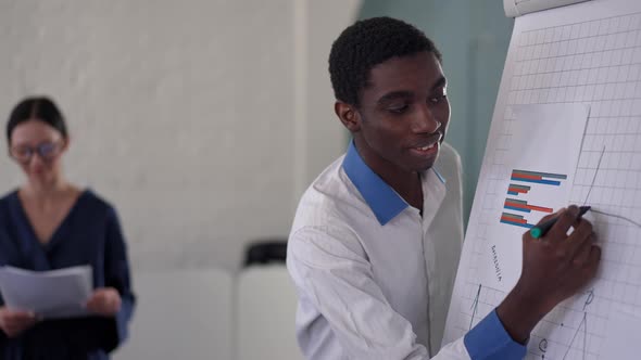 Portrait of Professional African American Expert Drawing on Whiteboard Talking Explaining Business