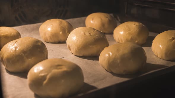 Zoom-in Shot Of Glazed Buns Baking In An Oven At The Bakery Kitchen - timelapse