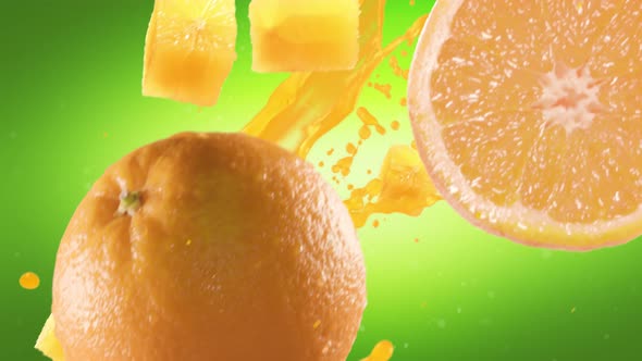 Orange with Slices Falling on Green Background