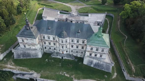 Old Pidhirtsi, Ukraine. View of the castle from above, aerial view from drone. Podgoretsky Castle