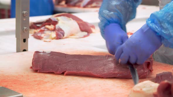 Butcher Cutting Beef By the Conveyor Belt