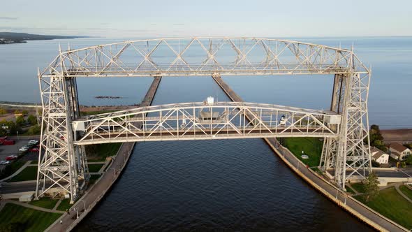 Duluth Canal park bridge aerial view during a summer afternoon